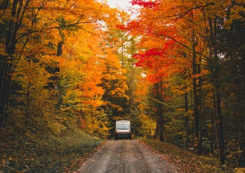 Scenic fall RV camping near Nashville Tennessee, with a camper van driving through colorful autumn foliage in Mt. Juliet