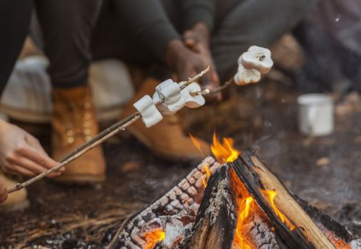 Roasting marshmallows over a campfire during fall RV camping trip in Tennessee.