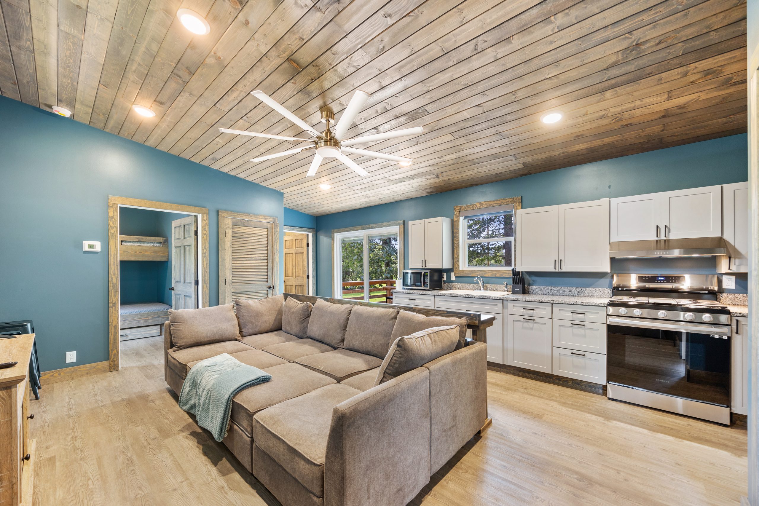 Rural Hill Farm-Lower Cabin Sectional and Kitchen