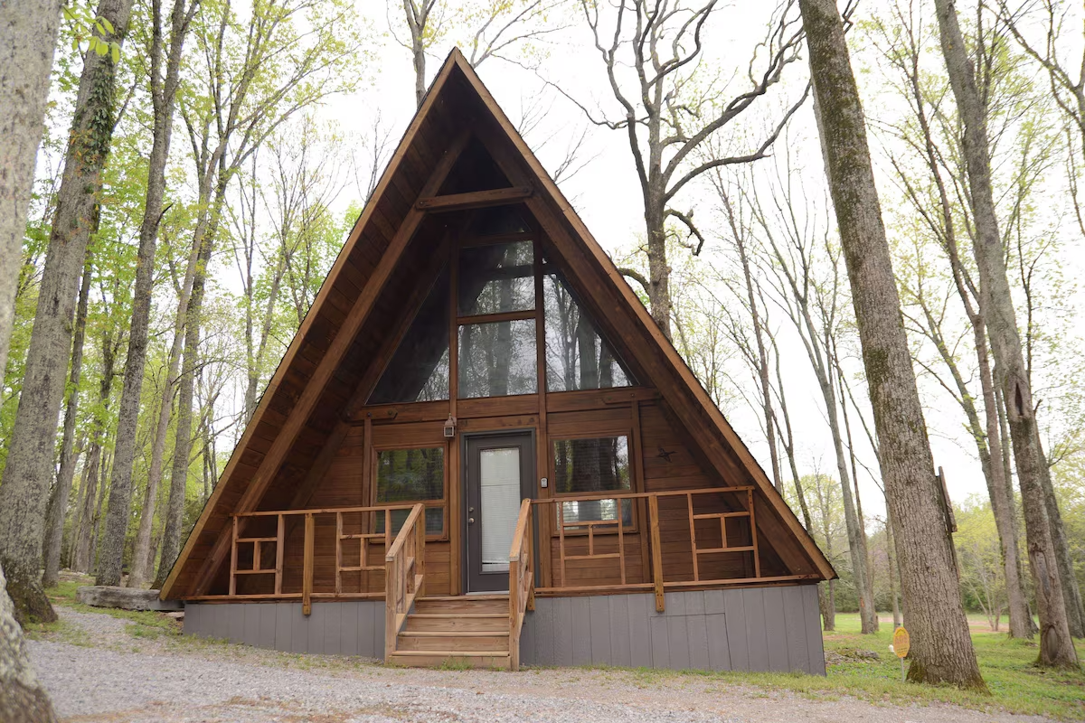 Wooden triangle shaped cabin in event venue near Nashville.