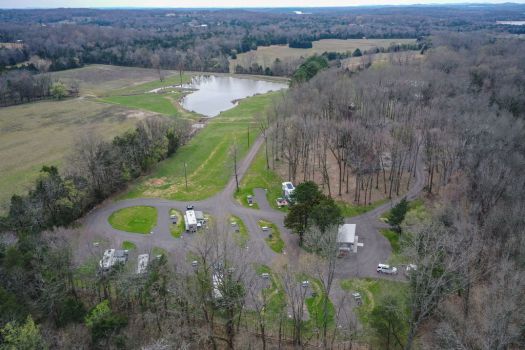Aerial view of Rural Hill Farm RV campground and pond near Nashville, Tennessee.
