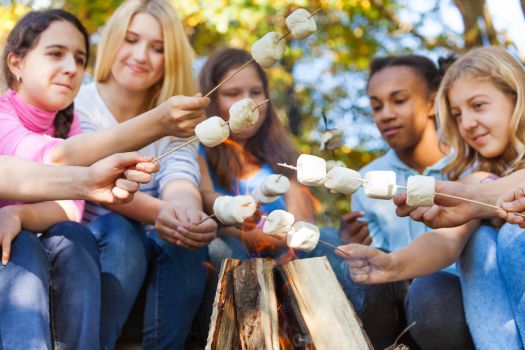Group roasting marshmallows around a campfire during a camping getaway.